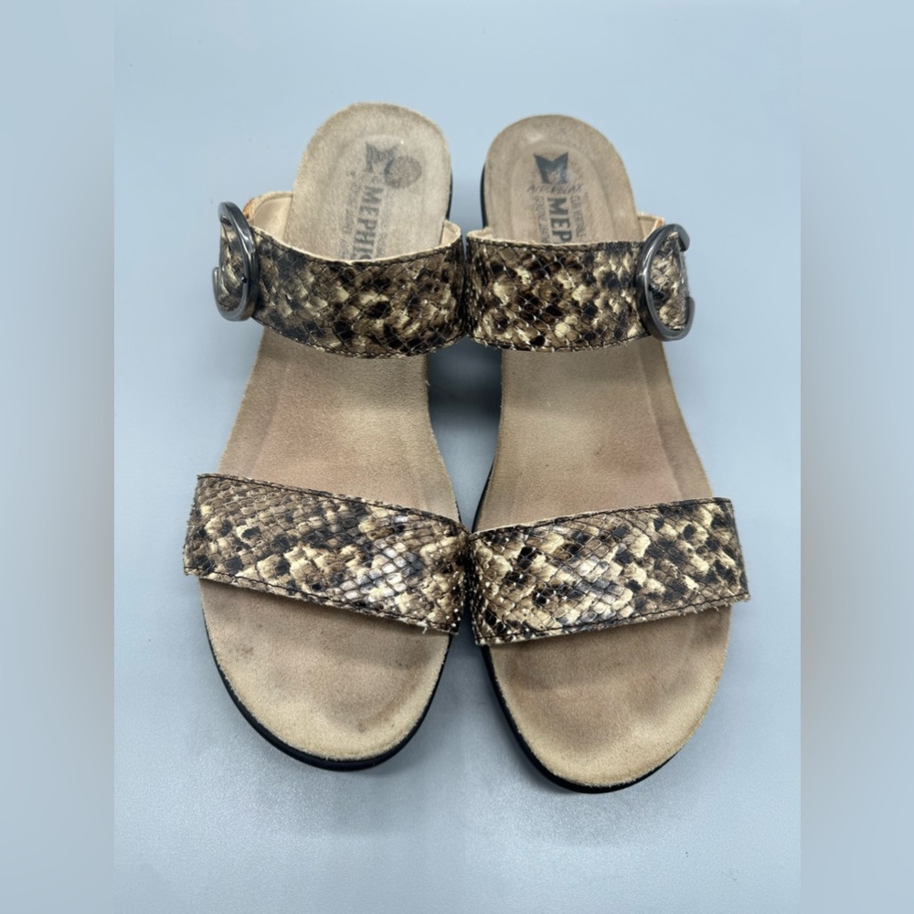 Mephisto Dual Strap Tan Snakeskin Cork Insole Wedge Sandals sz 42 US 11